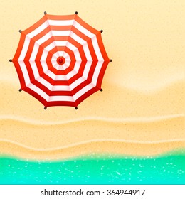 Beach top view sun umbrella and sea, seaside vector illustration