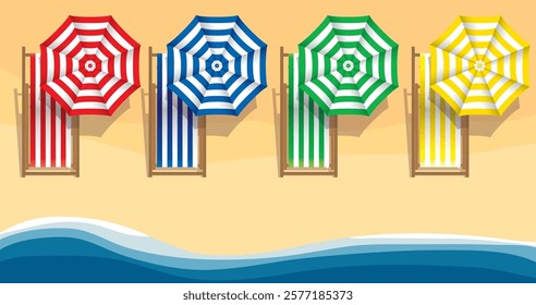 beach top view, Beach umbrella and beach canvas bed, sand beach background.