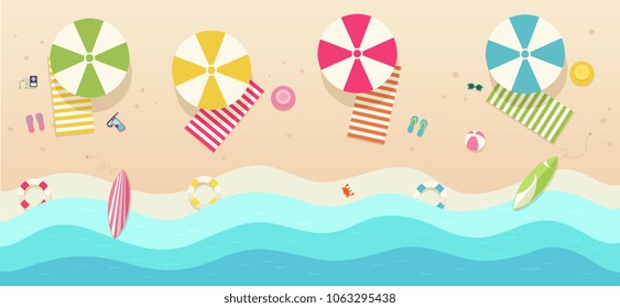 Beach, top view with umbrellas, towels, surfboards, sunglasses, hats, ball.