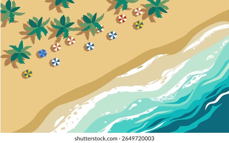 Beach from top view, with umbrellas, trees and waves