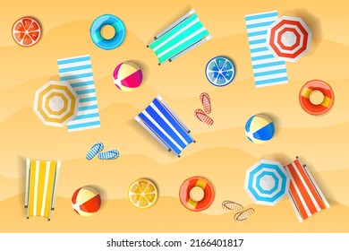 Beach top view vector pattern. Riviera umbrellas and deck chairs on sandy beach background