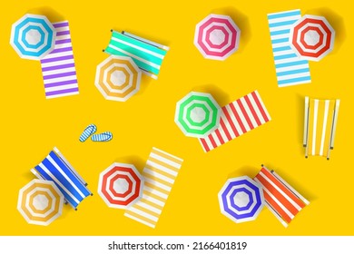 Beach top view vector pattern. Riviera umbrellas and deck chairs on yellow background