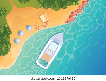 Beach top view yachts landscape. Parasols on beach sand. Sea tropical ocean coastline with umbrella. Sandy shore scenery nature landscape. Vector illustration in flat design style