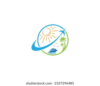 Beach tourism with  palm tree logo design icon vector template.