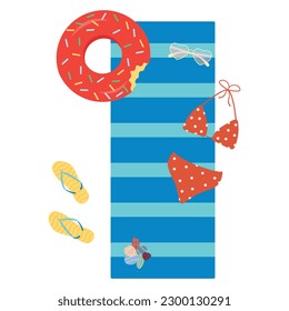 Beach towel and beach accessories. Vector flat summer illustration on white background.