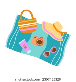 beach towel and accessories, vector flat summer illustration with beach blanket, bag, hat, sunscreen, sunglasses and photo camera isolated on white background