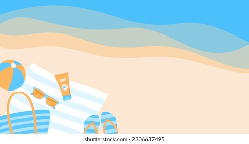 Beach towel, bag, flip flops, ball, sunscreen lotion and sunglasses on the sand near the water. Flat vector illustration