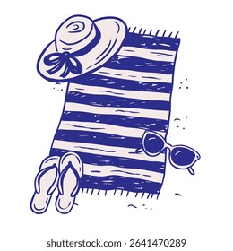 Beach Towel Flip Flops, Sunglasses Summer Sketch Whimsical Cartoon Doodle Illustration
