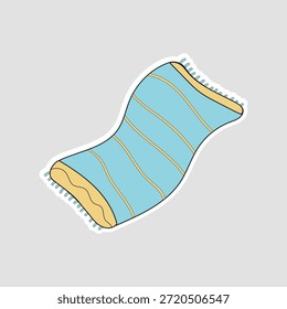 Toalla de playa ilustración. Pegatina de Vector relajado con toalla de rayas azules con flecos amarillos, ideal para escenas de playa de verano, elementos esenciales de vacaciones o gráficos de relajación
