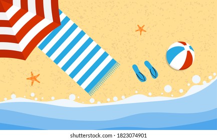 Beach towel on a sandy beach. Holiday concept by the sea. Vector, cartoon illustration. Vector.