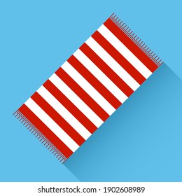 Beach towel. Red beach towel on a blue background with long shadow. Vector, cartoon illustration. Vector.