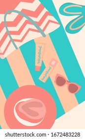 Beach towel with beach things. Vector flat summer illustration.