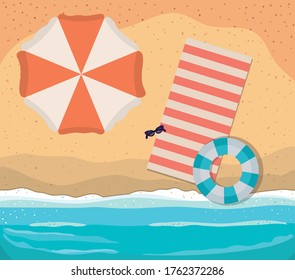 beach with towel umbrella and float top view design, Summer vacation and tropical theme Vector illustration