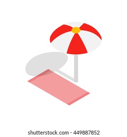 Beach Towel And Umbrella Icon In Isometric 3d Style Isolated On White Background. Relax Symbol