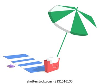 Beach towel and umbrella isolated on white background. Items for recreation at sea or ocean. Beach accessories, elements of seaside vacation. Striped pad for lying on sand under parasol and flip flops