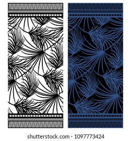 Beach towel vector design with palm leaves and borders. Monochrome abstract towel designs.