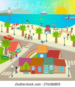 Beach Town - Aerial view of a town with shops, beach, ocean and people doing activities. Eps10