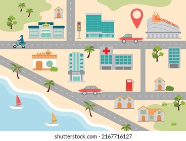 Beach town city location map vector illustration design including street, trees and buildings 