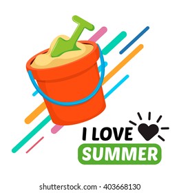 Beach toy bucket and text. Vacation travel background. Easy to edit design template.