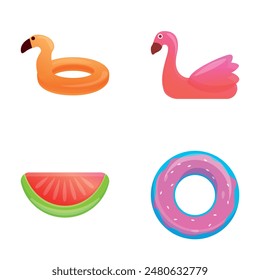 Beach toy icons set cartoon vector. Inflatable colorful circle. Beach vacation, summer