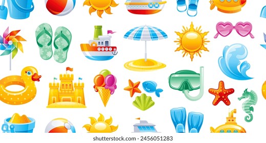 Beach toy pattern. 3d render cartoon background. Summer vector plastic object. Sea vacation ball, sand mold, sand castle, pinwheel, sun, beach umbrella, toy bucket, starfish. Cute beach render element