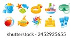 Beach toys in 3d render cartoon style. Summer vector icons. Plastic sea vacation objects. 3d ball, inflatable ring, sand mold, sand castle, pinwheel, mask, toy boat, bucket. Cute beach render element