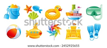 Beach toys in 3d render cartoon style. Summer vector icons. Plastic sea vacation objects. 3d ball, inflatable ring, sand mold, sand castle, pinwheel, mask, toy boat, bucket. Cute beach render element