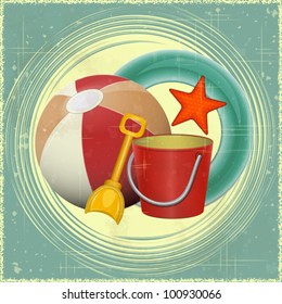 Beach toys -  ball, shovel, bucket,  lifeline - retro postcard - vector illustration
