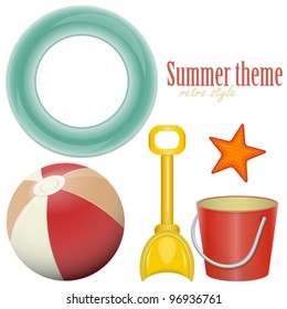 Beach toys -  ball, shovel, bucket,  lifeline - isolated on white background - set - vector illustration