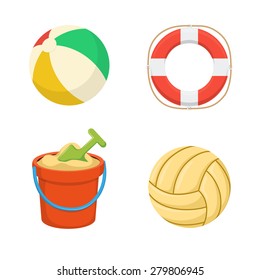 Beach toys collection. Balls. Lifebuoy. Sand bucket.