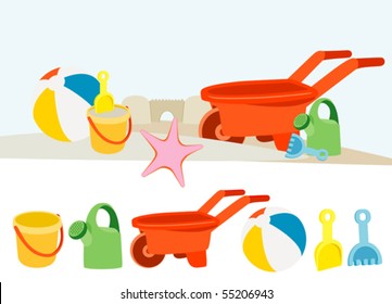 Beach Toys - Colorful beach toys on the beach, and isolated on white. Vector illustration. Suitable for internet, advertising, editorial graphics, publications. See others on "Objects" set.