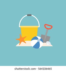 beach toys, pail, shovel, starfish and beach ball with bucket, flat design