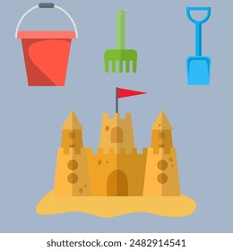 Beach toys and sand castle. Child pail, shovel and rake colorful icons. Children summer games and activities. vector illustration in flat design