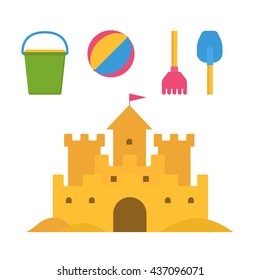 Beach toys and sand castle vector illustration. Child pail, shovel, ball and rake colorful icons. Children summer games and activities in flat design. Cartoon sandcastle image.