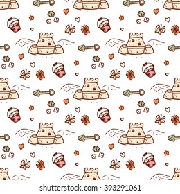 Beach toys seamless pattern. Hand drawn doodle sand castle, pail, scoop. Background for kids. Children's wallpaper