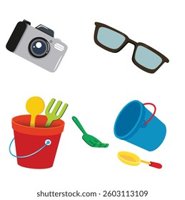 Beach Toys Set Camera Glasses Bucket Isolated