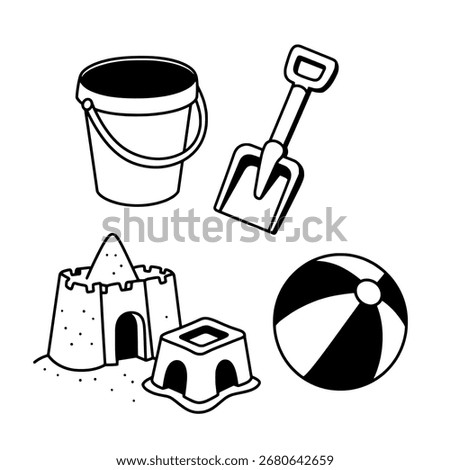 Beach toys silhouette set, vector icons of a bucket, shovel, and ball for a summer vacation, travel, or children's activity design.