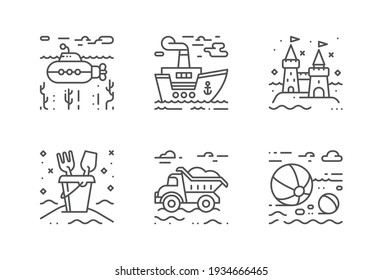 Beach toys vector icons set. The icons are pixel perfect, with editable stroke, carefully crafted with high attention to the detail. Outlined layer included.