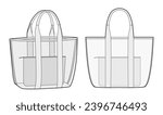 Beach Transparent Pool Tote with inner removable pouch bag. Fashion accessory technical illustration. Vector satchel front 3-4 view for Men women style, flat handbag CAD mockup sketch outline isolated
