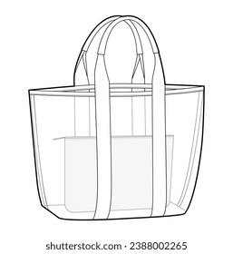 Beach Transparent Pool Tote with inner removable pouch bag. Fashion accessory technical illustration. Vector satchel front 3-4 view for Men, women, unisex style, flat handbag CAD mockup sketch outline