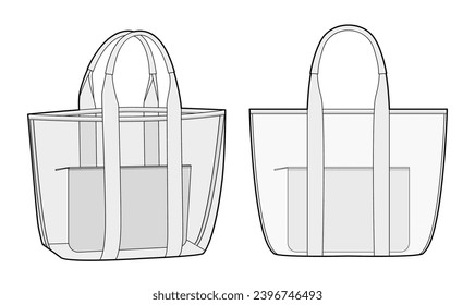 Beach Transparent Pool Tote with inner removable pouch bag. Fashion accessory technical illustration. Vector satchel front 3-4 view for Men women style, flat handbag CAD mockup sketch outline isolated