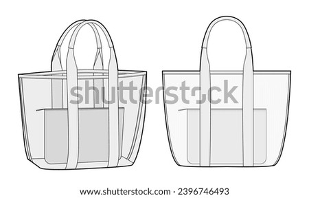 Beach Transparent Pool Tote with inner removable pouch bag. Fashion accessory technical illustration. Vector satchel front 3-4 view for Men women style, flat handbag CAD mockup sketch outline isolated