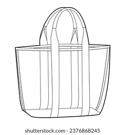 Bolsa de silueta tote transparente para la playa. Ilustración técnica de accesorios de moda. Vista frontal del vector 3-4 para hombres, mujeres, estilo unisex, bolso plano de simulación CAD esquema aislado