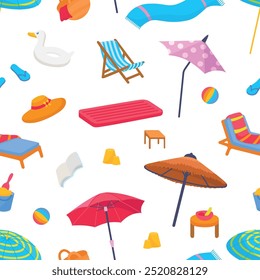 Beach travel accessories. Sun protect umbrella, flip flop, female hat and rubber duck for swimming. Ocean or sea resting vector seamless pattern