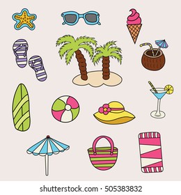 Beach and travel design set. Cartoon free hand draw doodle vector illustration.