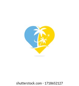 Beach travel heart shape concept logo icon design. Travel logo template. Palm Tree With ocean wave logo template vector.	
