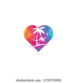 Beach travel heart shape concept logo icon design. Travel logo template. Palm Tree With ocean wave logo template vector.