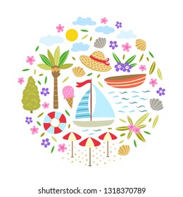 Beach travel icons. Cute rest vector symbols: summer time elements, nature, sea, ship, palm tree, flowers