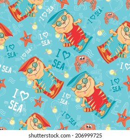 Beach travel illustration with cat, star, crab