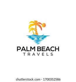 Beach travel logo ,Vector Logo Design Template sunset palm tree, palm tree , water beach , travel logo . beach travel 